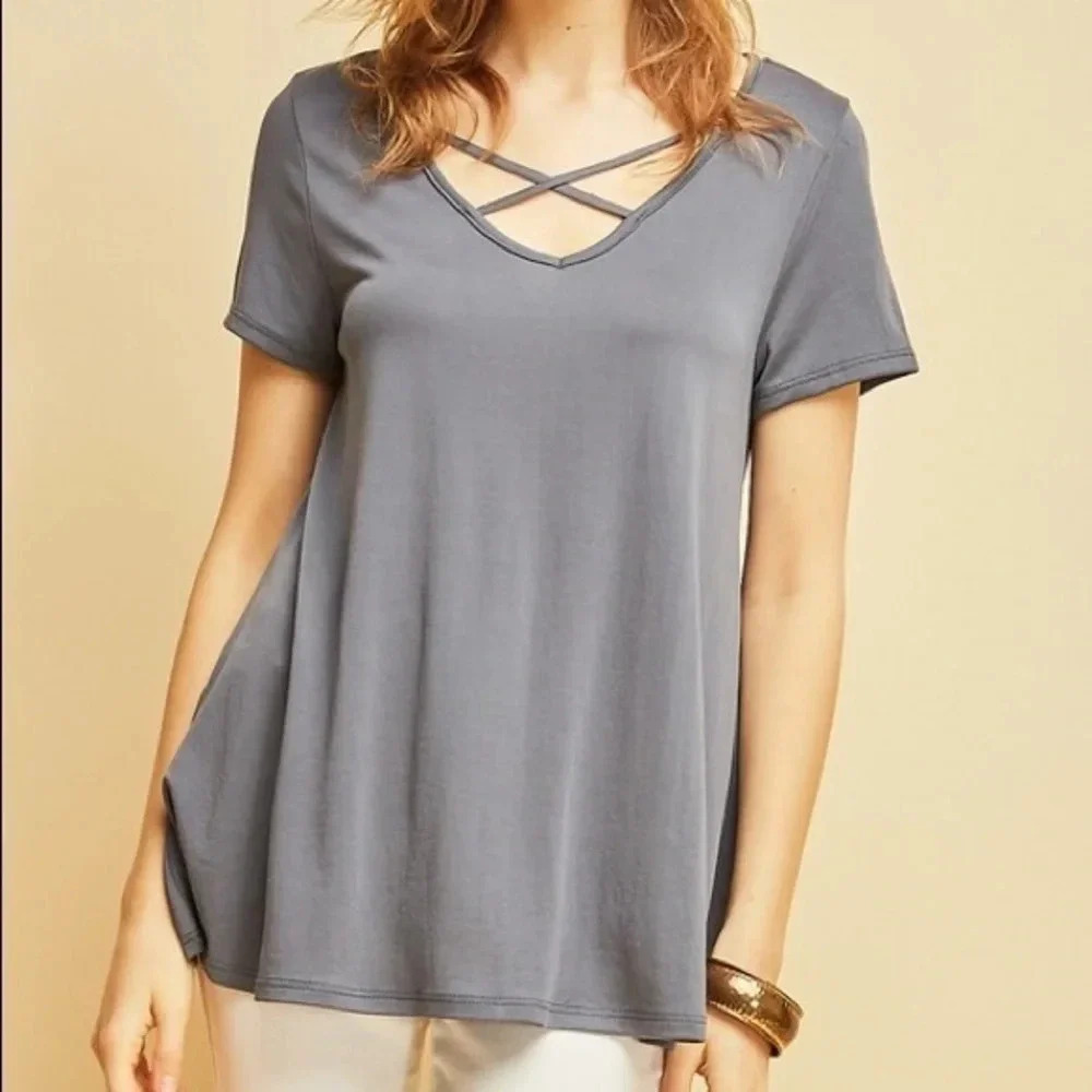 NWT entro boutique med grey crisscross v-neck basic modal top neutral layering